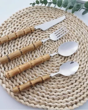 Bamboo Handle Cutlery Set — Natural Stainless Steel, Handmade 4-Piece