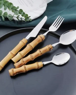 Bamboo Handle Cutlery Set — Natural Stainless Steel, Handmade 4-Piece