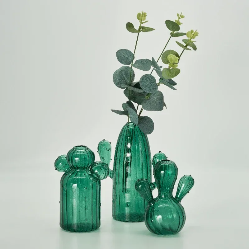 Glass Cactus Vase — Hydroponic Bud Vase in Green & Blue Small Coloured Cactus Glass Vase Hydroponic Vase Green & Blue