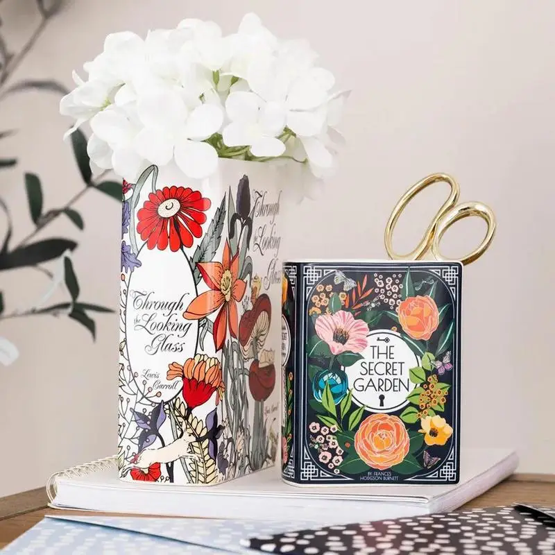Book-Shaped Ceramic Dry Flower Vase with Floral Prints novelty design Book shape floral prints ceramic dry flower vase