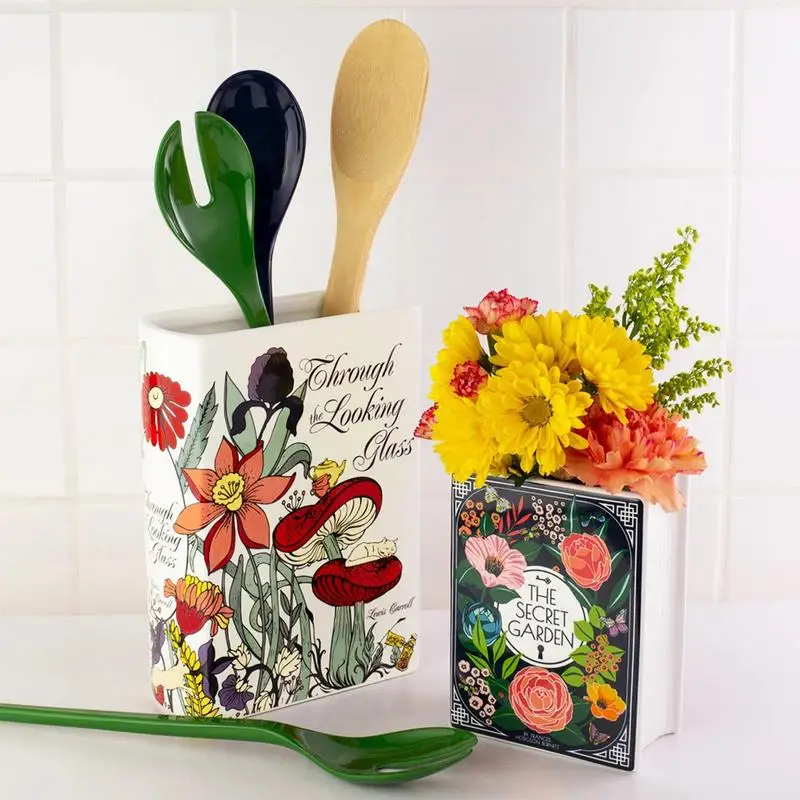 novelty design Book shape floral prints ceramic dry flower vase